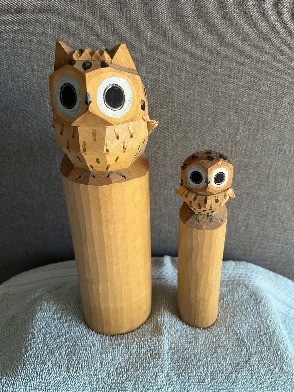 Japanese Hand-Carved Wooden Owl Figurine Set - Natural Yellow Wood